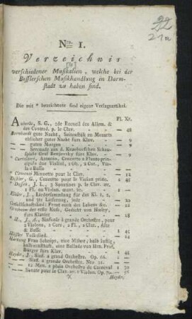 1: Verzeichnis verschiedener Musikalien, welche bei der Bosslerschen Musikhandlung in Darmstadt zu haben sind Nro. I.