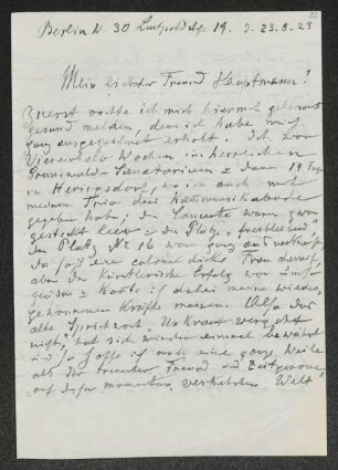 Brief von Heinrich Grünfeld an Gerhart Hauptmann