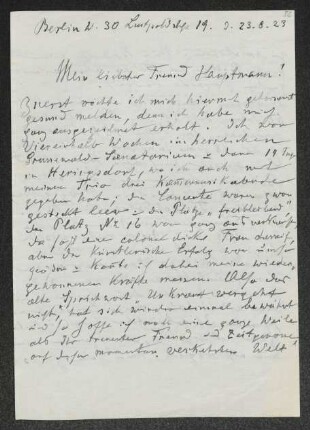Brief von Heinrich Grünfeld an Gerhart Hauptmann