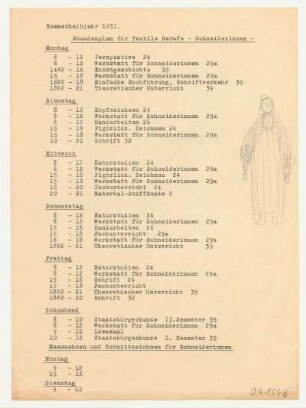 Stundenplan : Plan für textile Berufe - Schneiderinnen - Sommerhalbjahr 1931; mit Skizze