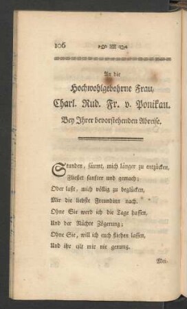An die Hochwohlgebohrne Frau, Charl. Rud. Fr. v. Ponikau. Bey Ihrer bevorstehenden Abreise
