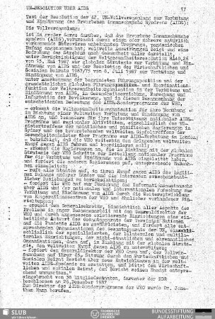 UN-Resolution über AIDS : Text der Resolution der 42. UN-Vollversammlung zur Verhütung und Eindämmung des Erworbenen Immunschwäche Syndroms (AIDS)