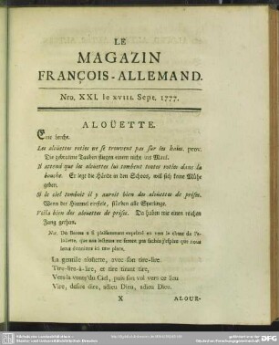 Nro. XXI. le XVIII. Sept. 1777