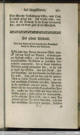 Der zehnte Abschnitt. Von dem Ausdruck des menschlichen Gemüthes durch die Minen und Geberden