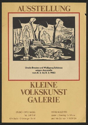 Ausstellungswerbung: "Ursula Braune und Wolfgang Schöne zeigen Aquarelle" von 08.02. bis 04.03.1983