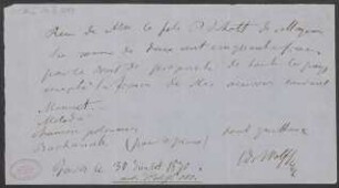 Quittung über Honorar für "Menuet", "Melodie", "Chanson polonaise" und "Bachanale"