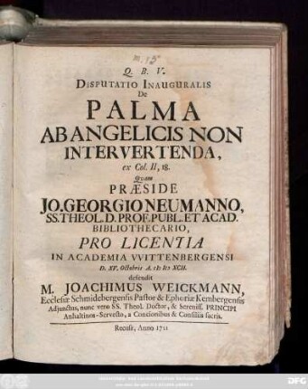 Disputatio Inauguralis De Palma Ab Angelicis Non Intervertenda, ex Col.II, 18.
