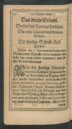 Die erste Tugend deß dritten Gebotts. Die heylige Schrifft fleissig lesen.