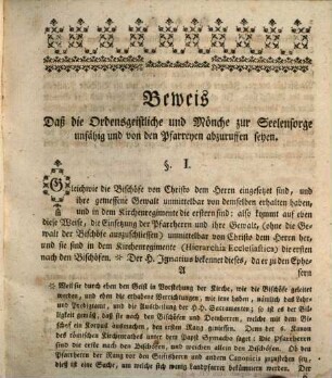 Beweis daß die Ordensgeistlichen und Mönche zur Seelensorge unfähig, und von den Pfarreyen abzurufen seyen