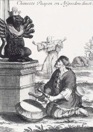 Inventions chinoises, Chinesischer Götzendienst : Unbekannter Künstler: Chinesischer Götzendienst. Aus: Inventions chinoises XVI, Blatt 24. Kupferstich, koloriert; 146 x 112 mm. Dresden: Kupferstich-Kabinett in B 1156,2 XVI