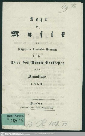 Text zur Musik am fünfzehnten Trinitatis-Sonntage bei der Feier des Aernte-Dankfestes in der Annenkirche
