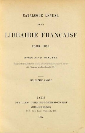 Catalogue annuel de la librairie française. 2. 1894