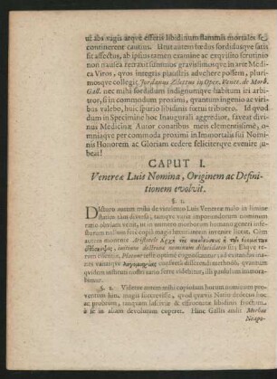 Caput I. Venerae Luis Nomina, Originem ac Definitionem evolvit.