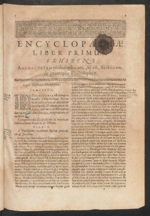 Encyclopaediae Liber Primus Exhibens Archelogiam philosophicam, id est, doctrinam de principiis Philosophiae.