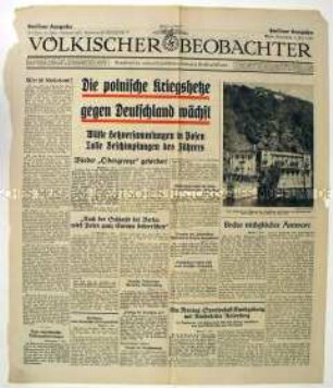 Titelblatt der Tageszeitung "Völkischer Beobachter" mit antipolnischer Polemik zur propagandistischen Vorbereitung des Krieges
