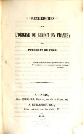 Recherches sur l'origine de l'impot en France