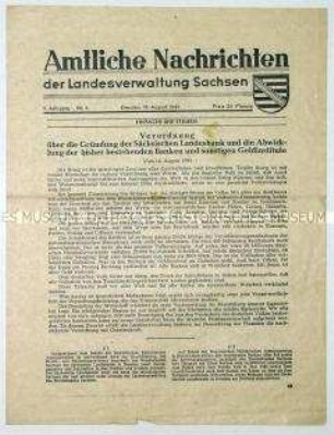 Mitteilungsblatt der Landesverwaltung Sachsen mit der Verordnung zur Gründung der Sächsischen Landesbank