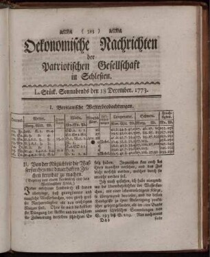 L. Stück. Sonnabends den 18 December. 1773.