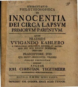 Exercitatio ... de innocentia Dei circa lapsum primorum parentum