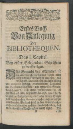Erstes Buch Von Anlegung der Bibliothequen.