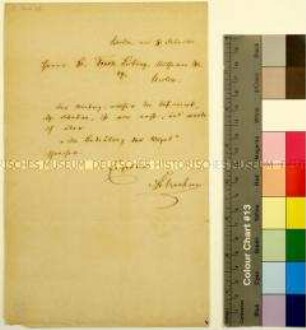 Brief des Zoologen Alfred Brehm an den Generalsekretär der Gesellschaft für Verbreitung von Volksbildung Franz Leibing in Berlin mit Zusage eines Vortrags über die Bedeutung der Vögel