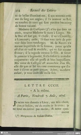 Lettre CCCII. A la même. A Paris, Vendredi 7. Août, 1676