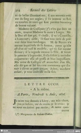 Lettre CCCII. A la même. A Paris, Vendredi 7. Août, 1676