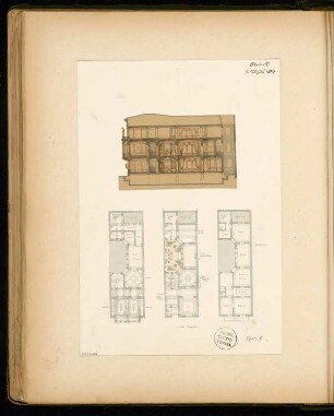 Bürgerliches Einfamilienwohnhaus Monatskonkurrenz August 1874: Grundriss Keller, Erdgeschoss, Obergeschoss, Längsschnitt 1:200