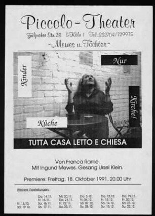 Ankündigung der Premiere des Theaterstücks "Nur Kinder, Küche, Kirche!", verfasst von Franca Rame, aufgeführt im Piccolo-Theater in Köln