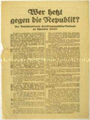 Flugblatt des Zentralverbandes der Angestellten gegen den Deutschnationalen Handlungsgehilfen-Verband und Aufruf zum Beitritt