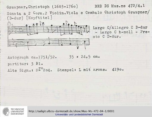 Sonata a 2 Corn. 2 Violin. Viola e Cembalo.