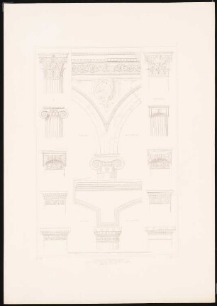Das Neue Museum in Berlin von Stüler, Potsdam 1853: Tafel 11. Details: Säulen und Bogenarchitekturen im südlichen Flügel.