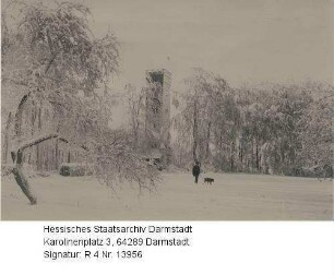 Felsberg im Odenwald,Ohlyturm mit verschneiter Landschaft