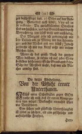 Die dritte Abtheilung. Von der Pflicht treuer Unterthanen. - Die vierdte Abtheilung. Von der Conversation.