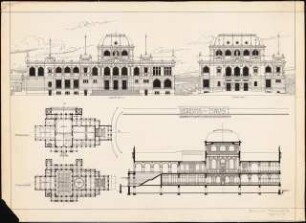 Vereinshaus: Vorderansicht, Seitenansicht, Schnitt, Maßstab 1:200, 2 Grundrisse, 1:400