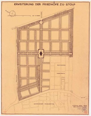 Erweiterung der Friedhöfe, Stolp: (Lichtpause von Inv.-Nr. 41160): Grundriss der geplanten Erweiterung mit angrenzenden Teilen des bestehenden Friedhofs 1:1000, Maßstabsleiste; Stempel