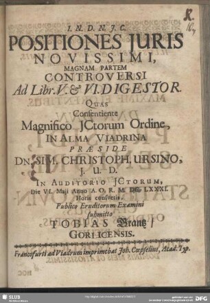 Positiones Iuris Novissimi, Magnam Partem Controversi : Ad Libr. V. & VI. Digestor