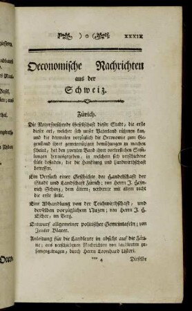 Oeconomische Nachrichten aus der Schweiz.