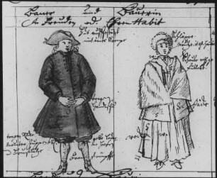 Kleidertrachten im Amt Schweinitz : Kleidertrachten im Amt Schweinitz. Zeichnung (1722; J. A. Richter). Bauer und Bäuerin