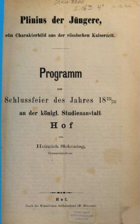 Plinius der Jüngere, ein Charakterbild aus der römischen Kaiserzeit