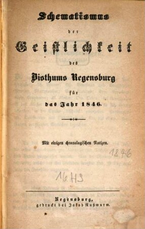 Schematismus des Bistums Regensburg. 1846, 1846