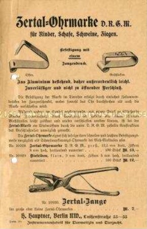 Zertal-Ohrmarke D.R.G.M. für Rinder, Schafe, Schweine, Ziegen.