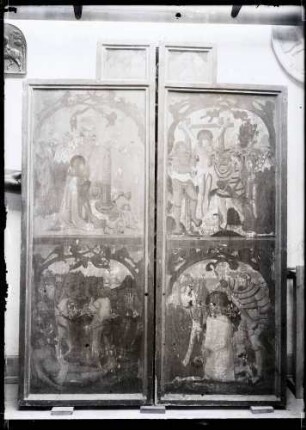 gotische Kirche 1421; Hochaltarflügel-Gemälde vor und nach der Restaurierung
