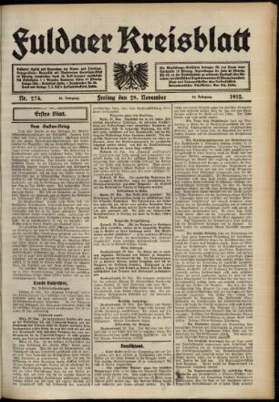 Erste Ausgabe vom Freitag, den 29. November 1912.