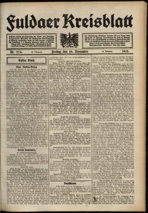 Erste Ausgabe vom Freitag, den 29. November 1912.