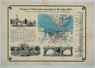 Stadtplan von Dresden mit Vorstädten, dem überschwemmten Stadtgebiet während des Hochwassers am 31. März 1845, drei Ansichten der Elbrücke mit Kruzifix und dessen Einsturz, mit Elbpegel und der Geschichte der Dresdner Elbbrücke