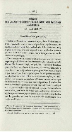 Mémoire sur l'élimination d'une variable entre deux équations algébriques.