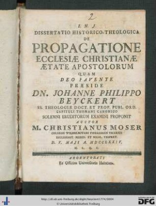 Dissertatio Historico-Theologica De Propagatione Ecclesiae Christianae Aetate Apostolorum