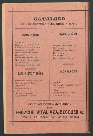 Catálogo de las comedias para niños y niñas