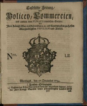 Nro. LII, Montags, den 27. December 1734